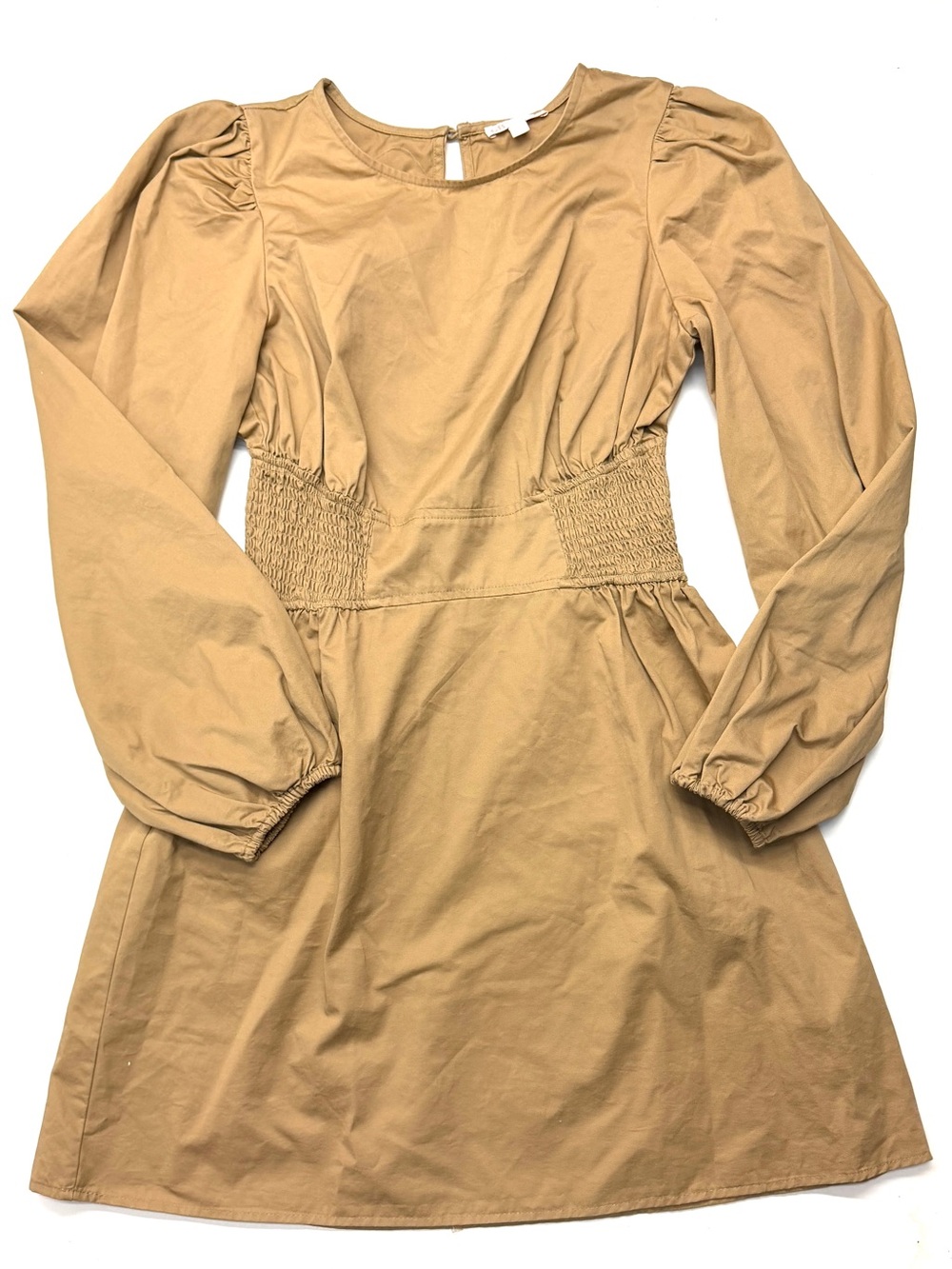 GB girls Tan Puff-Sleeve Smocked-Waist Dress